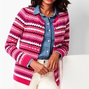 Talbots Women XS Pink Lambswool Blend Crew Neck Button Up Fair Isle Cardigan NWT